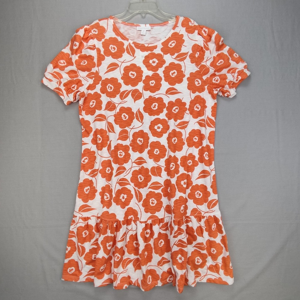 Charter Club Dress Womens PM Orange Floral Ruffle Hem Puff Sleeve Knit Mini